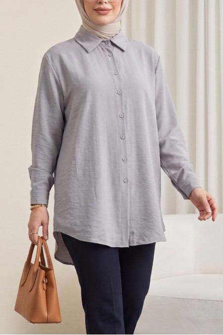 Arkası Uzun Düğmeli Poplin Gömlek -Açık Gri