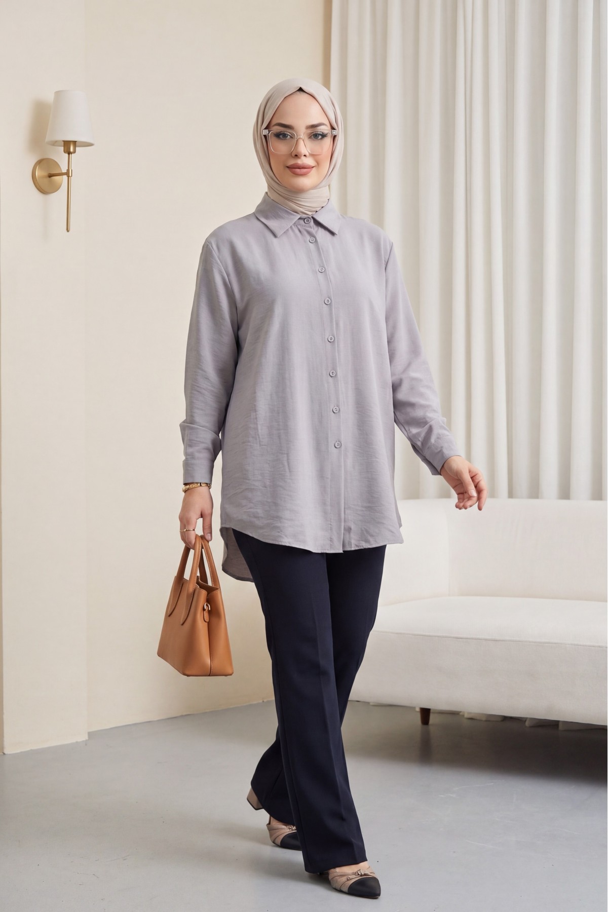 Poplin Shirt with Long Back Buttons - Light grey detay görseli