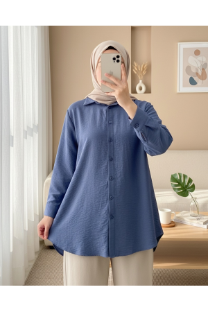 Arkası Uzun Düğmeli Poplin Gömlek -İndigo