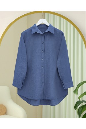 Arkası Uzun Düğmeli Poplin Gömlek -İndigo