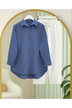 Arkası Uzun Düğmeli Poplin Gömlek -İndigo