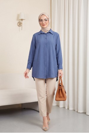 Arkası Uzun Düğmeli Poplin Gömlek -İndigo