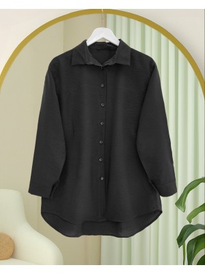 Arkası Uzun Düğmeli Poplin Gömlek -Siyah