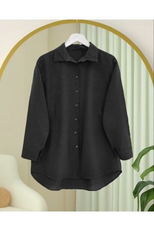 Arkası Uzun Düğmeli Poplin Gömlek -Siyah