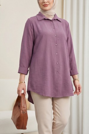 Arkası Uzun Düğmeli Poplin Gömlek -Vişne