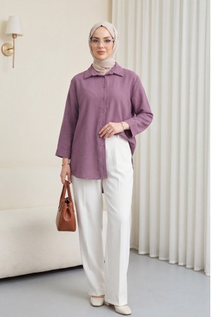 Arkası Uzun Düğmeli Poplin Gömlek -Vişne