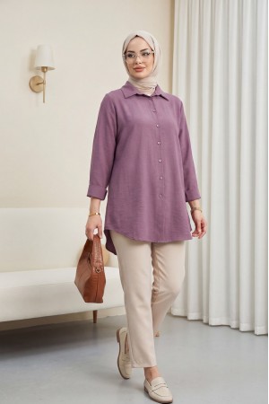 Arkası Uzun Düğmeli Poplin Gömlek -Vişne