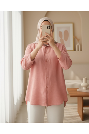 Arkası Uzun Düğmeli Poplin Gömlek -Yavruağzı