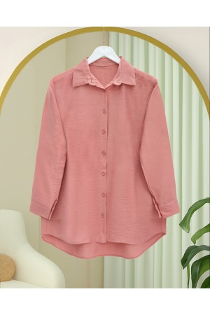 Arkası Uzun Düğmeli Poplin Gömlek -Yavruağzı