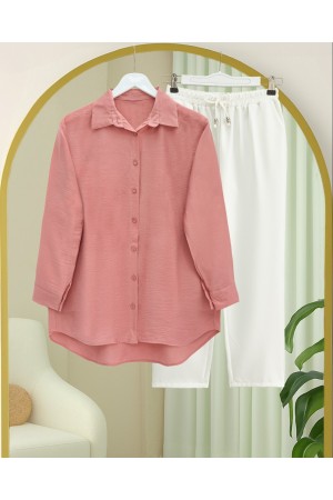 Arkası Uzun Düğmeli Poplin Gömlek -Yavruağzı