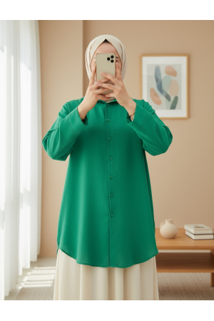 Poplin Shirt with Long Back Buttons -Green