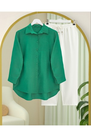 Poplin Shirt with Long Back Buttons -Green