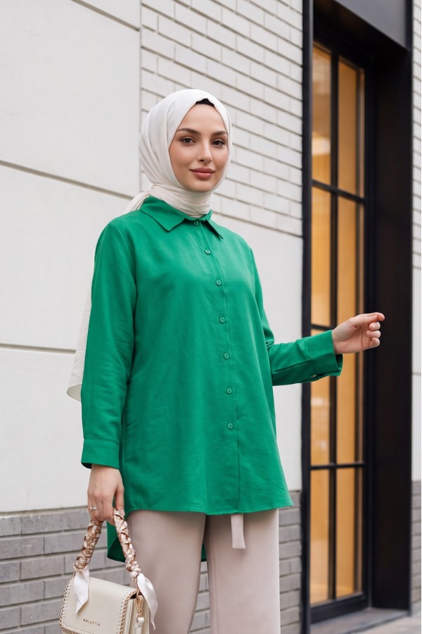 Arkası Uzun Düğmeli Poplin Gömlek -Yeşil