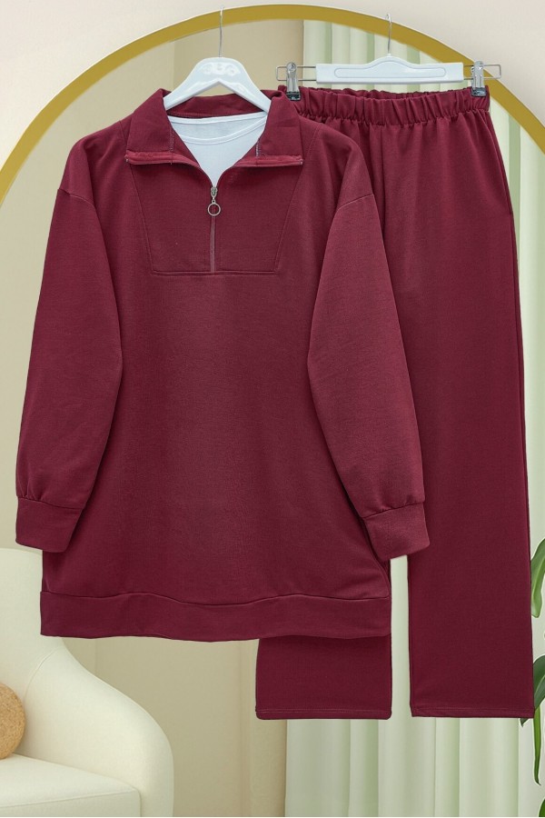 Half  Zippered Turtleneck Combed Cotton Suit -Maroon