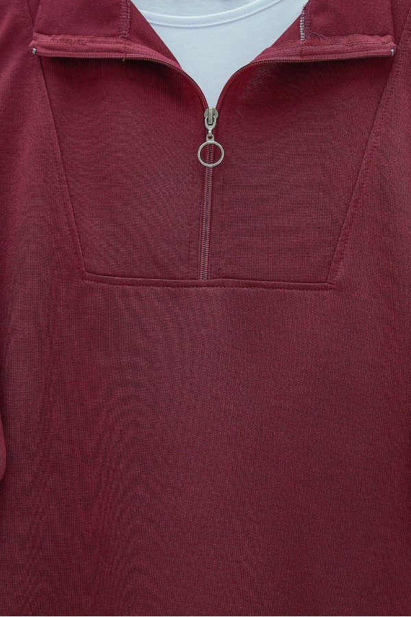 Half  Zippered Turtleneck Combed Cotton Suit -Maroon
