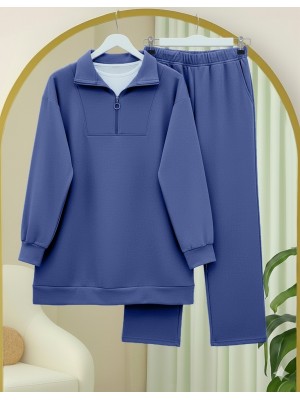 Yarım Fermuarlı Boğazlı Penye Takım -İndigo