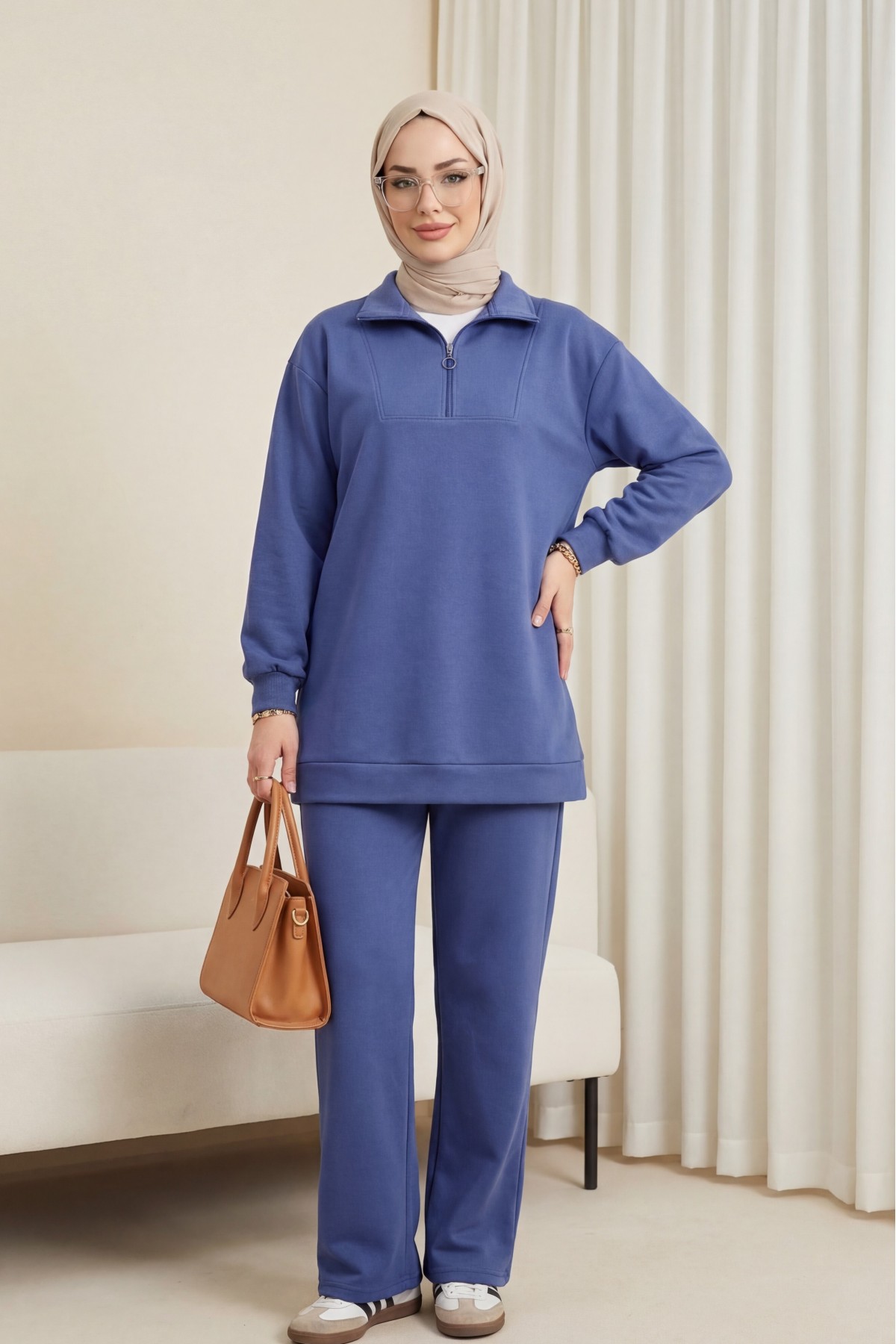 Half  Zippered Turtleneck Combed Cotton Suit -İndigo