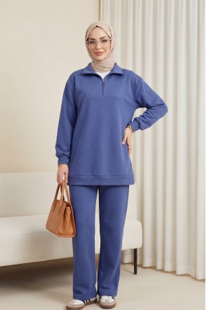 Yarım Fermuarlı Boğazlı Penye Takım -İndigo