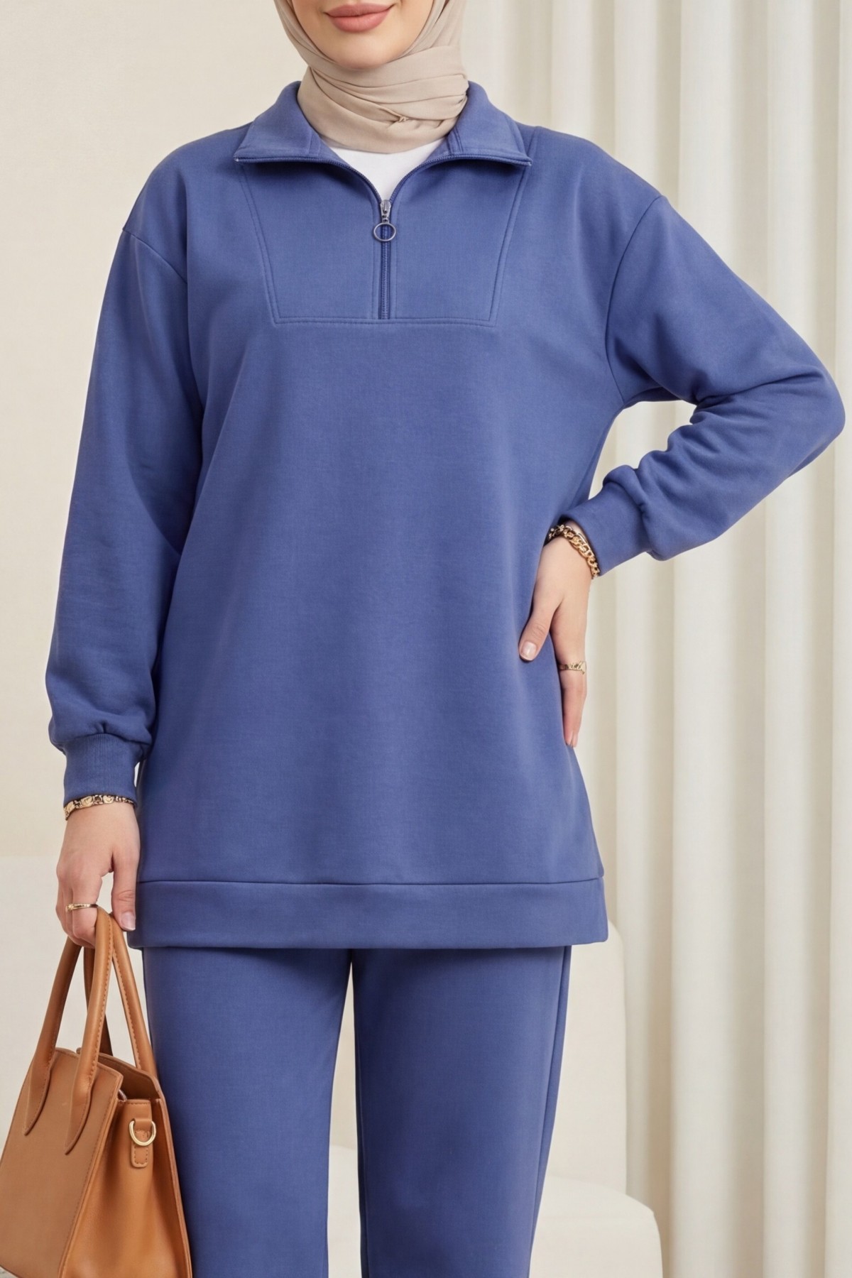 Half  Zippered Turtleneck Combed Cotton Suit -İndigo