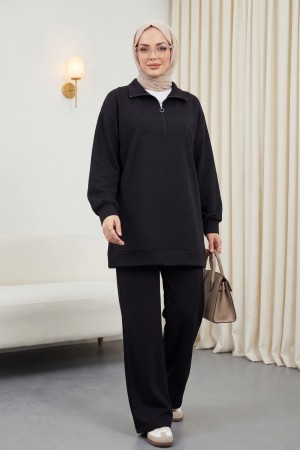 Yarım Fermuarlı Boğazlı Penye Takım -Siyah