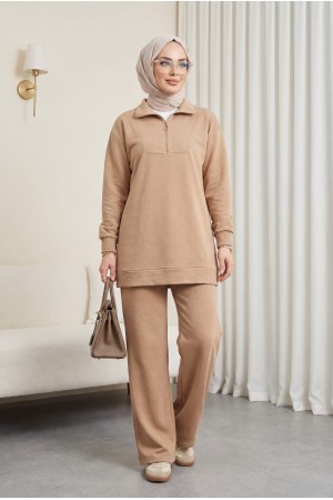 Yarım Fermuarlı Boğazlı Penye Takım -Vizon