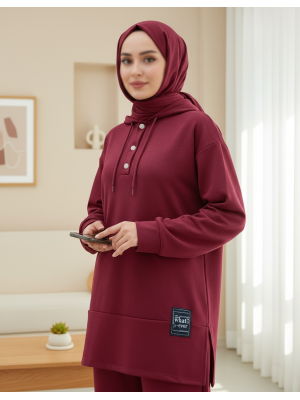Çıtçıtlı  Arma Detaylı İkili Penye Takım  -Bordo