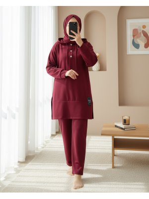 Çıtçıtlı  Arma Detaylı İkili Penye Takım  -Bordo