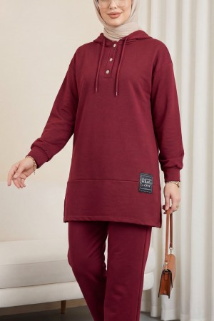 Double Combed Cotton Suit with Snap Fastener Crest Detail  -Maroon