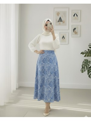 Beli Lastikli Etnik Desen Kloş etek -Bebe Mavi