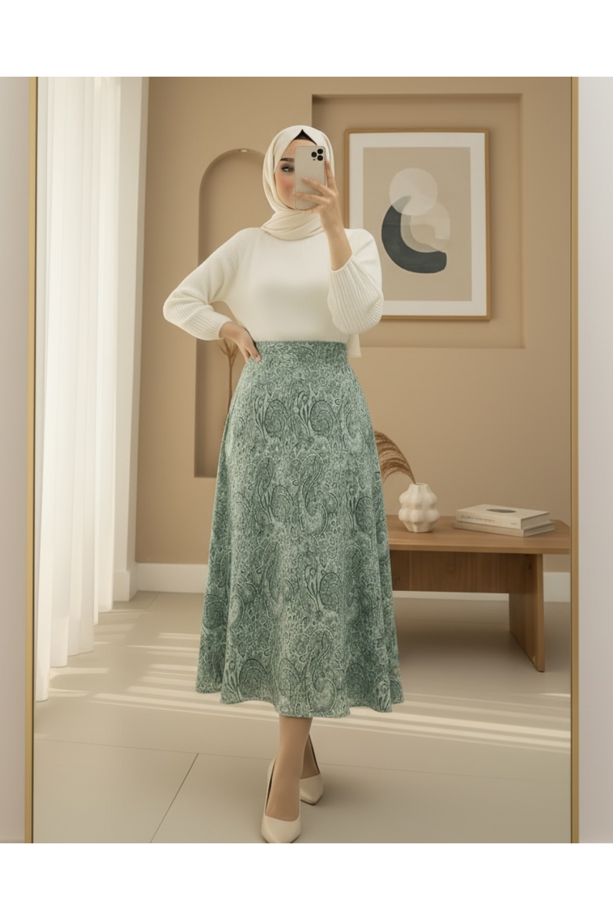 Elastic  Waist  Ethnic Pattern Flared Skirt -Green