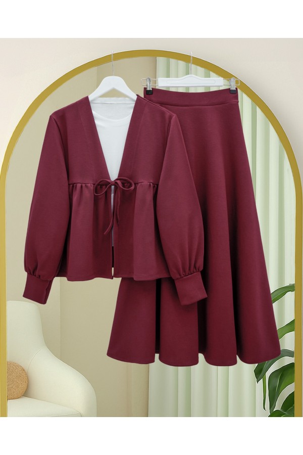 Beli Bağlamalı Etekli Oysho Takım -Bordo