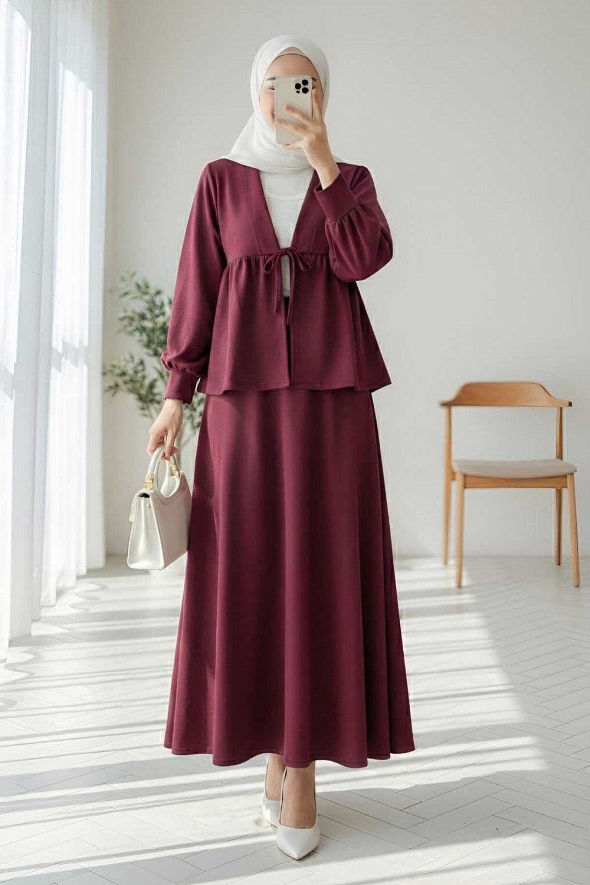 Oysho Suit with Tied Waist Skirt -Maroon