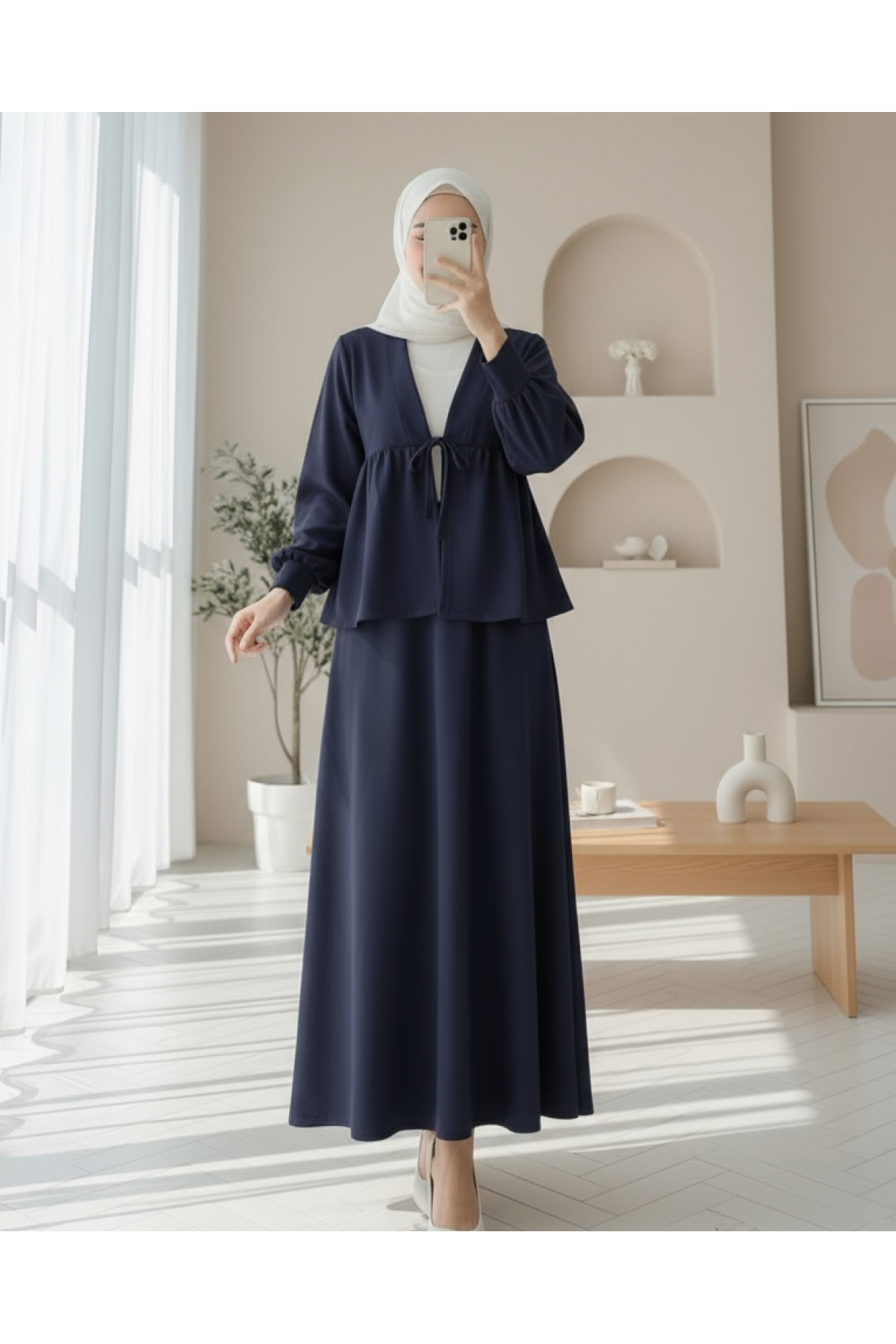 Oysho Suit with Tied Waist Skirt -Navy blue