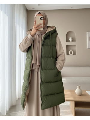 Kapşonlu Çift Taraflı Şişme Yelek   -Haki