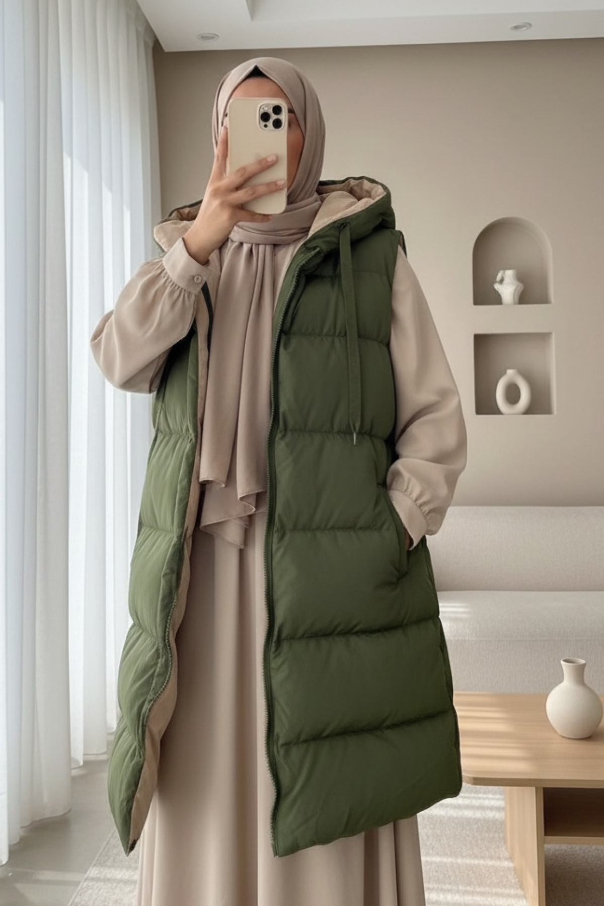 Hooded Double Sided Inflatable Vest   -Khaki
