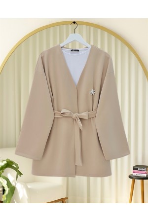 Brooch Detailed Belted Scuba Jacket - Beige