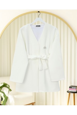 Broş Detaylı Beli Kuşaklı Scuba Ceket -Beyaz