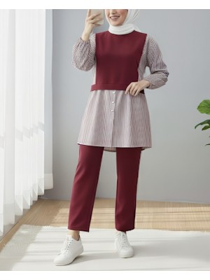 Kolu Lastikli Çizgili Gömlek Detaylı Penye Takım  -Bordo