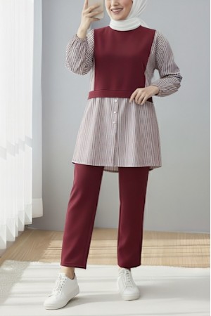 Kolu Lastikli Çizgili Gömlek Detaylı Penye Takım  -Bordo