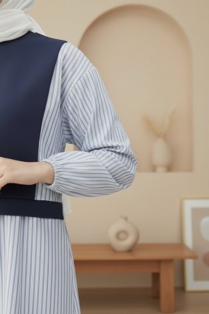 Kolu Lastikli Çizgili Gömlek Detaylı Penye Takım  -Laci