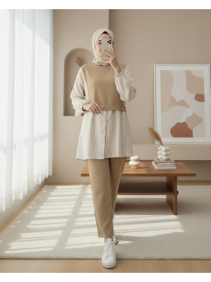 Kolu Lastikli Çizgili Gömlek Detaylı Penye Takım  -Vizon