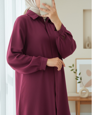 Oval Cut Long Shirt with Hidden Buttons  -Maroon