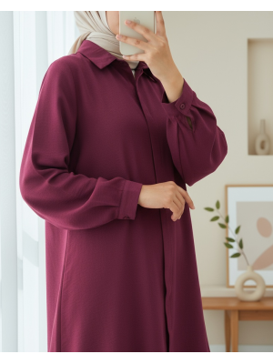 Gizli Düğmeli Oval Kesim Uzun Gömlek  -Bordo