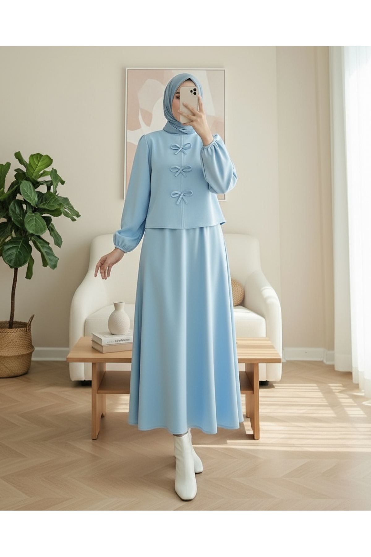 Scuba Suit with Bow Detail and Skirt      -Baby Blue