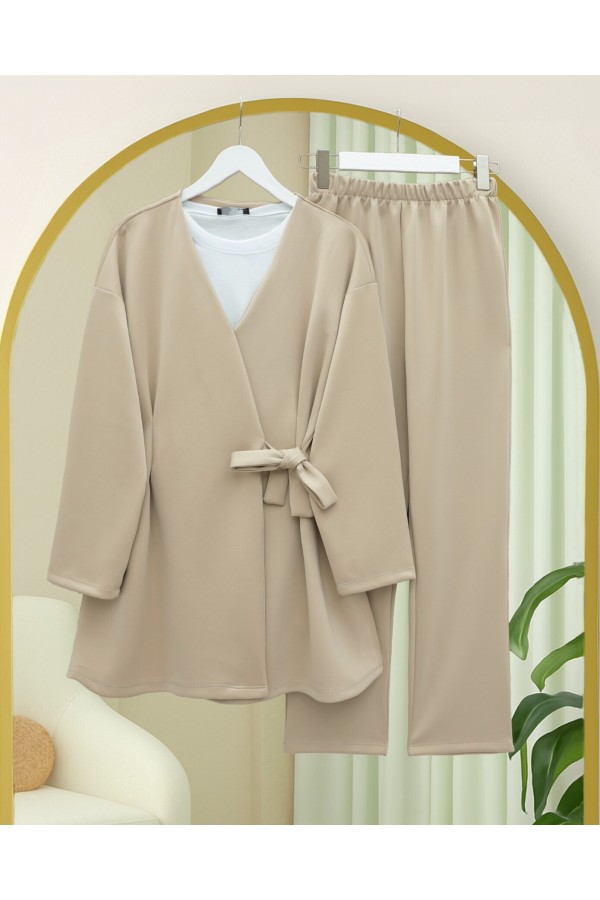 Beli Çift Bağlamalı Scuba Kimono Takım  -Bej