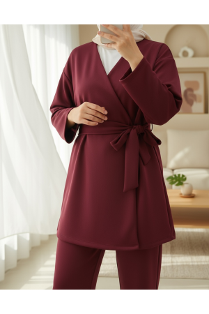 Double Waist Tied Scuba Kimono Set -Maroon