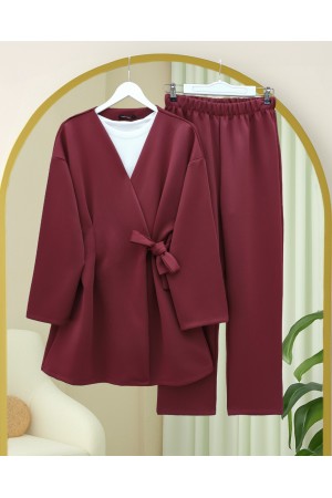 Double Waist Tied Scuba Kimono Set -Maroon