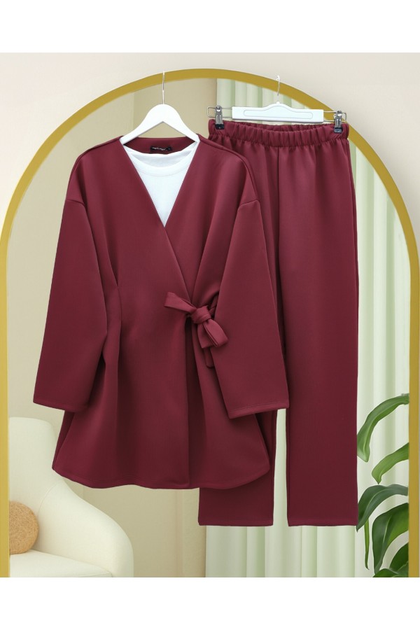 Beli Çift Bağlamalı Scuba Kimono Takım  -Bordo