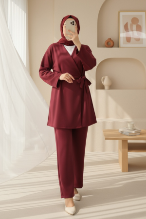Beli Çift Bağlamalı Scuba Kimono Takım  -Bordo