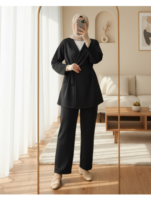 Beli Çift Bağlamalı Scuba Kimono Takım  -Siyah